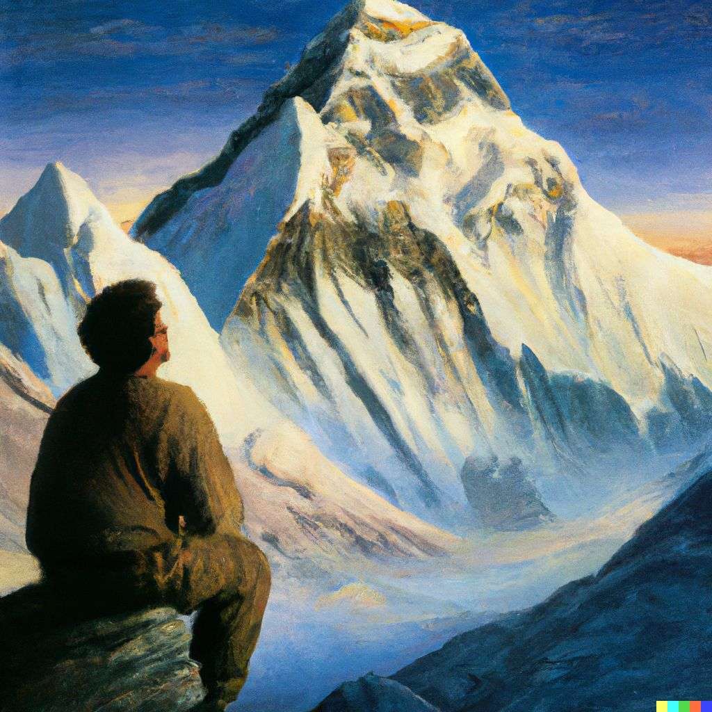 someone gazing at Mount Everest, by Drew Struzan